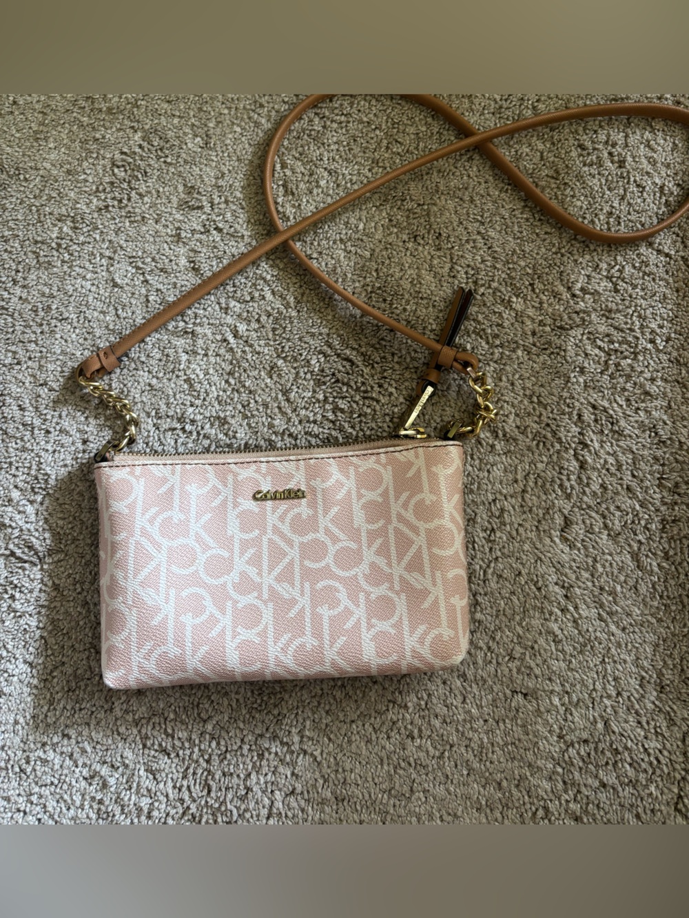 Calvin Klein Blush Monogram Crossbody with Tan Strap and Gold Hardwarey